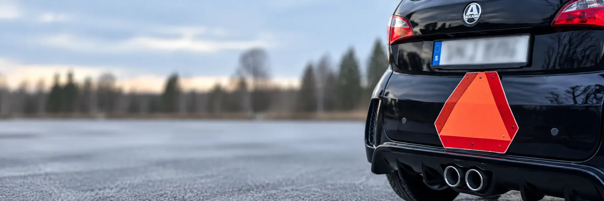Närbild på LGF-skylt baktill på en mörk Aixam mopedbil